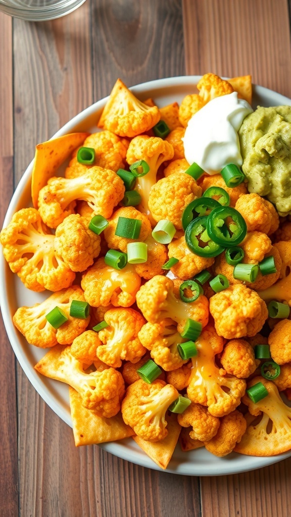 Keto Cauliflower Nachos Recipe A plate of keto cauliflower nachos topped with cheese and jalapeños, garnished with green onions, served with guacamole and sour cream.